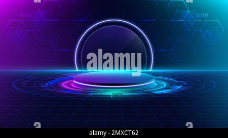 3D realistische Technologie Digitales Cyberpunk-Podium-Display Neon-Lichtkreis-Portal mit HUD-geometrischen Elementen und Beleuchtungseffekt auf dunkelblauem Hintergrund Stock Vektor