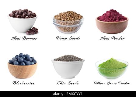 Set verschiedener Superfoods auf weißem Hintergrund Stockfoto