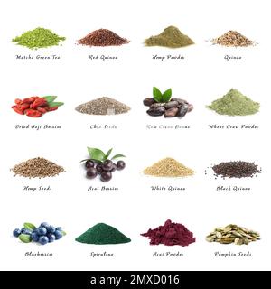 Set verschiedener Superfoods auf weißem Hintergrund Stockfoto