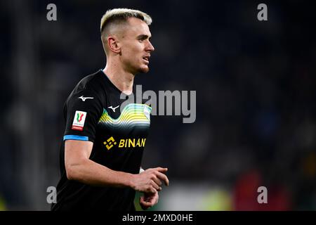 Turin, Italien. 02. Februar 2023 Patric von SS Lazio schaut während des Fußballspiels Coppa Italia zwischen dem FC Juventus und der SS Lazio. Kredit: Nicolò Campo/Alamy Live News Stockfoto