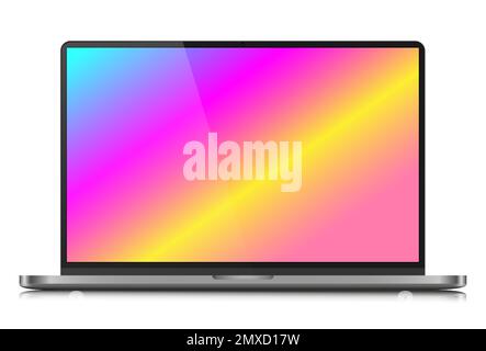Das Layout eines modernen Laptops in einem silbernen, dünnen Metallgehäuse. Realistischer Laptop mit Farbverlaufsbildschirm und Reflexion auf weißem Hintergrund. Stock Vektor