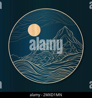 Rundes harmonisches Design mit Bergen und Mond. Nachtlandschaft in Gold und Blau. Luxuriöses Design mit eleganten, glatten Linien. Stock Vektor