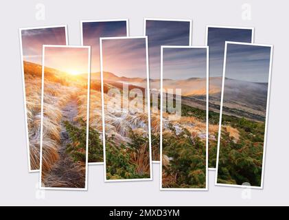 Isolierte Acht-Bild-Collage des frostigen Morgens in den Karpaten. Malerischer Sonnenaufgang im Herbst im Bergtal. Modell von Modu Stockfoto