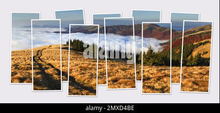 Isolierte 10-Bilder-Collage mit einer fantastischen Herbstlandschaft der Karpaten. Nebliger Blick auf das Bergtal mit altem Grafen Stockfoto