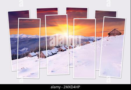 Isolierte Collage aus acht Bildern eines verlassenen Bergdorfes. Dramatischer Sonnenaufgang im Winter in den Karpaten. Modell eines modularen Fotos. Stockfoto