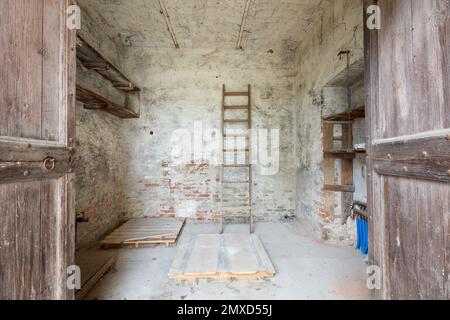 Alter Lagerraum mit Holzportal im alten Landhaus Stockfoto
