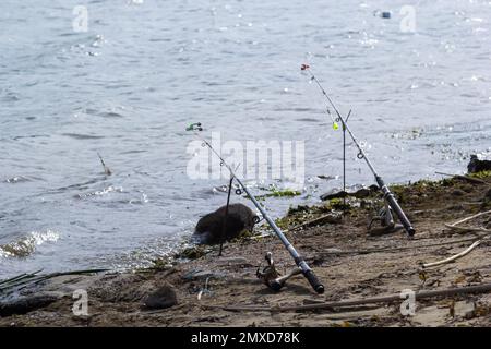 Angelruten und Angelausrüstung am Flussufer, Seeküste aus nächster Nähe. Stockfoto