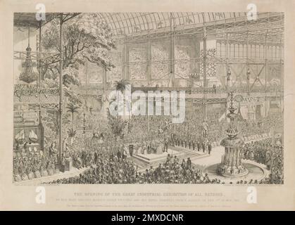 Eröffnung der großen Industrieausstellung aller Nationen durch ihre gnädige Majestät Königin Victoria und seine königliche Hoheit PR. Museum: PRIVATE SAMMLUNG. Autor: GEORGE CRUIKSHANK. Stockfoto