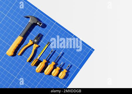 3D Abbildung: Schraubendreher, Hammer, Zangen, Schrauben usw. für handgefertigte Produkte. Verschiedene Arbeitsgeräte. Bau-, Bau-, Renovierungskonzept. Stockfoto