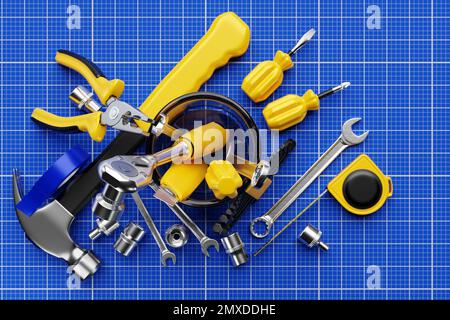 Verschiedene Arbeitsgeräte für Bau, Reparatur. Schraubendreher, Wasserwaage, Isolierband, Hammer, Messer, Schere, Schraubenschlüssel usw. 3D Abbildung Stockfoto