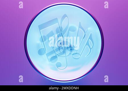 Musikalische Noten und Symbole mit Kurven und Drehungen auf pinkfarbenem Hintergrund in Neonfarbe. 3D Abbildung Stockfoto