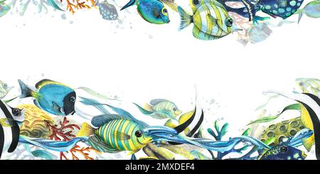 Tiere der Unterwasserwelt, Korallenriffe, Wasserwellen, Meeresschwämme, Algen und Glanz, Bunte Fische. Aquarelldarstellung. Nahtloser Rand Stockfoto
