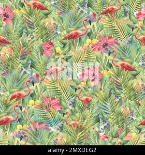 Tropische Blätter mit roten Hibiskusblüten, rosa Flamingos und Muscheln. Aquarelldarstellung. Nahtloses Muster aus DER KUBA Kollektion. Für Stockfoto