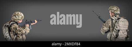 Leute in Militäruniformen mit Maschinengewehren auf farbigem Hintergrund, Bannerdesign. Platz für Text Stockfoto