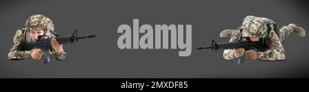 Leute in Militäruniformen mit Maschinengewehren auf farbigem Hintergrund, Bannerdesign. Platz für Text Stockfoto