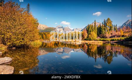 Wunderschöne Herbstlandschaft. Ruhiger Blick am Morgen auf den Strbske Pleso See. Spektakuläre Outdoor-Szene im High Tatra National Park, Slowakei, Europa. Schönheit von Stockfoto