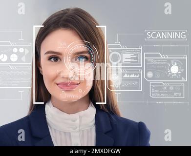 Gesichtserkennungssystem. Frau mit Scannerrahmen im Gesicht und Informationen Stockfoto