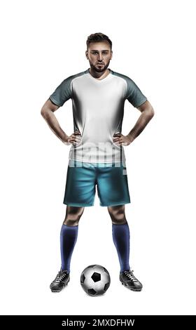 Junger Mann spielt Fußball auf weißem Hintergrund Stockfoto