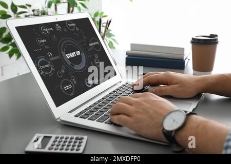 Unternehmenskonzept für Startup-Unternehmen. Junger Mann, der im Büro ein Notebook benutzt, Nahaufnahme Stockfoto