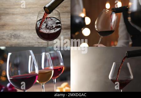 Set mit Gläsern und Flaschen Rotwein Stockfoto