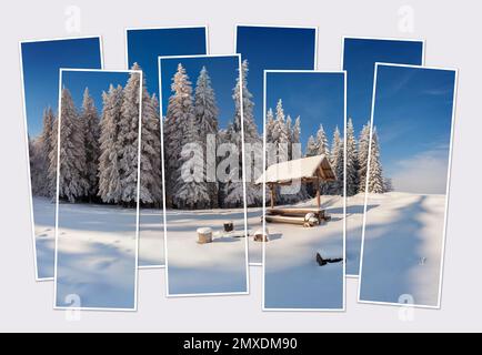 Isolierte Collage aus acht Bildern der Wintermärchen-Szene nach einem riesigen Schneefall im Bergtal. Frostiger Blick auf die Karpaten am Morgen Stockfoto