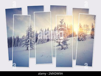 Isolierte Collage aus acht Bildern mit einem atemberaubenden Sonnenaufgang im Winter im Bergwald. Frostige Morgenszene der Karpaten. Modell von modula Stockfoto