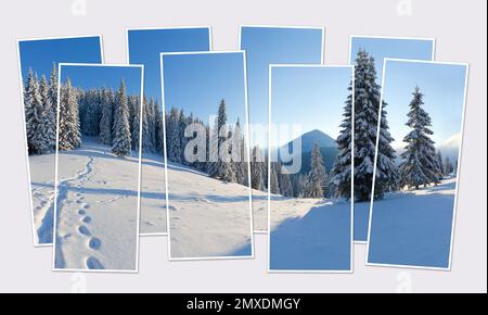 Isolierte 8-Bilder-Collage eines Bilds einer verschneiten Winterszene im Bergtal. Frostiger Blick auf die Karpaten am Morgen. Modell des modularen Pho Stockfoto