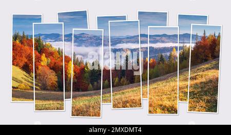 Isolierte zehn-Bilder-Collage eines Bilds der herrlichen Herbstszene des Bergtals. Panoramablick am Morgen auf die Karpayhian-Berge. Modell von modular Stockfoto