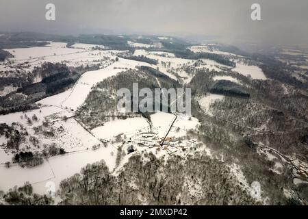 Luftige neblige Landschaft mit Bergklippen bedeckt mit frischem Schnee während heftigem Schneefall im Winter Bergwald an kalten, ruhigen Tag Stockfoto