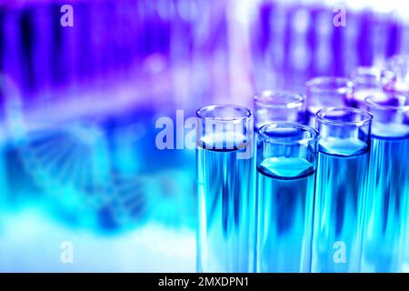 Reagenzgläser mit flüssigen Proben zur Analyse im Labor, Nahaufnahme. Raum für Design Stockfoto