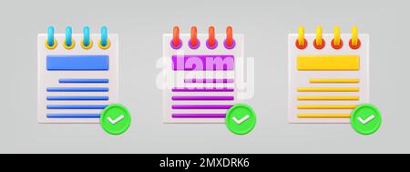 Symbolsatz für Datenverifizierung 3D. Realistische Darstellung der Vektorprüfung des Dokuments. Design Elements Kollektion mit minimalistischem Cartoon-Style Stock Vektor