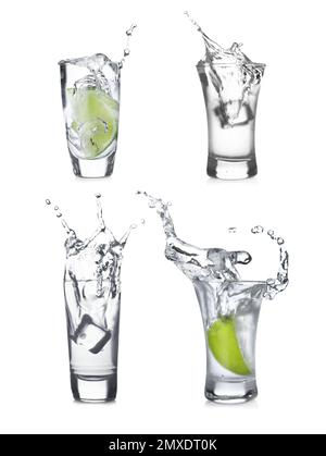 Set mit Wodka-Shots auf weißem Hintergrund Stockfoto