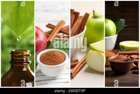 Collage verschiedener Fotos mit aromatischem Zimt Stockfoto