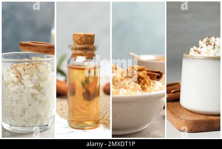 Collage verschiedener Fotos mit aromatischem Zimt Stockfoto