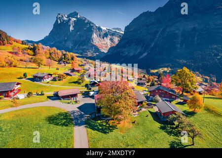 Landschaftsfotografie aus der Luft. Farbenfroher Herbstblick auf das Grindelwaldtal von der Seilbahn. Wetterhorn und Wellhorn, Schweiz, Europa Stockfoto