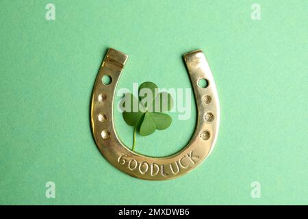 Kleeblatt und Hufeisen auf grünem Hintergrund, flach liegend. St. Patrick's Day-Feier Stockfoto