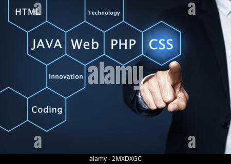 Geschäftsmann zeigt auf virtuellen Bildschirm mit verschiedenen Worten, Nahaufnahme. Programmierung und Codierung Stockfoto