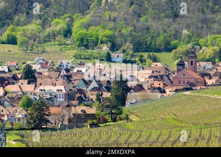 Blick auf das touristische Dorf Riquewihr an der Weinstraße im Elsass, Frankreich Stockfoto