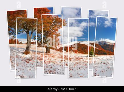 Isolierte 8-Bilder-Collage mit sonniger Morgenaussicht auf die Karpaten. Der erste Schnee im Herbstwald. Modell eines modularen Fotos. Stockfoto