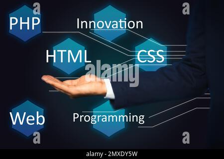 Web-Entwicklung. Mann nahe virtuellem Bildschirm mit Plan, Nahaufnahme Stockfoto