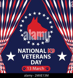 Vektorbanner-Design zur Feier des National K9 Veterans Day im märz. Landesweite K9-Veteranentage mit Farben und Symbolen der amerikanischen Flagge. Stock Vektor