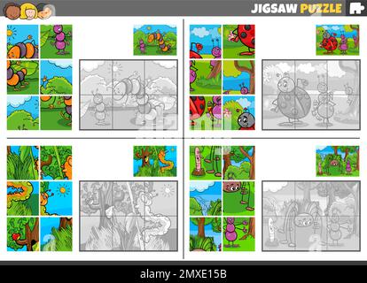 Cartoon-Darstellung von pädagogischen Puzzlespielen mit Insekten und Tierfiguren Stock Vektor