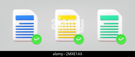 Symbolgruppe für Dokumentüberprüfung 3D. Realistische Informationen prüfen Vektordarstellung. Design Elements Kollektion mit minimalistischem Cartoon-Style Stock Vektor