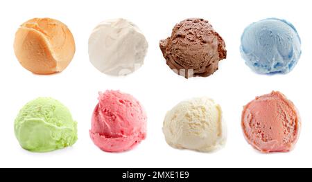 Set mit Schaufeln verschiedener Eiscreme auf weißem Hintergrund. Bannerdesign Stockfoto