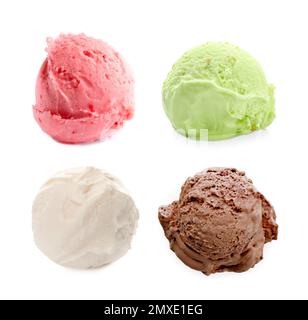 Set mit Schaufeln verschiedener Eiscreme auf weißem Hintergrund Stockfoto