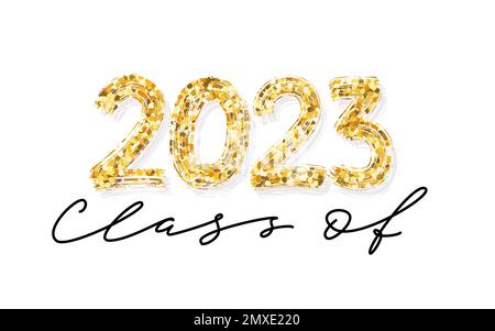 Klasse von 2023. Handgezeichnete Graduiertenschrift mit goldenem Glitzer. Logo mit Graduierung 2023. Schablone für Graduierung Stock Vektor
