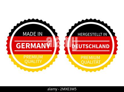 Hergestellt in Deutschland runde Etiketten in Englisch und in deutscher Sprache. Vektorsymbol für Qualitätsmarkierung. Perfekt für Logo-Design, Anhänger, Abzeichen, Aufkleber, Emblem, pr Stock Vektor