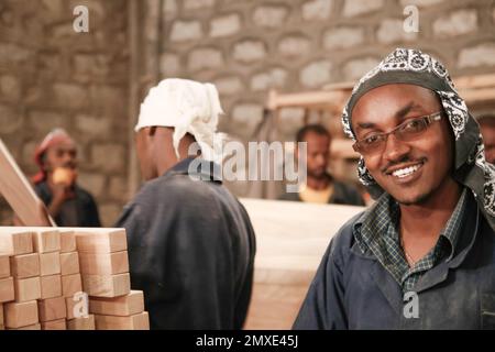 Ich studierte Tischlerei in Finnland und wurde gebeten, nach Äthiopien zu gehen. Alle Porträts und die Menschen sind das Personal der Fabrik. Nette Leute und die Sonne scheint viel. Holzbearbeitung in Afrika Stockfoto