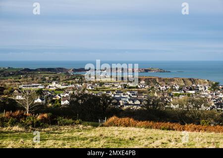 Blick von Garn Boduan Hügel über Morfa Nefyn nach Porth Dinllaen an der Küste der Llyn Halbinsel. Nefyn, Gwynedd, Nordwales, Großbritannien, Europa Stockfoto
