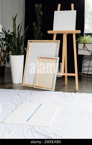 Leinwände und hölzerne Staffelei in der Nähe von Pflanzen im Studio, Stockbild Stockfoto